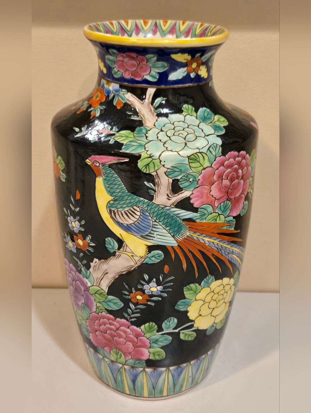 Hand Painted Chinoiserie Bird Of Paradise Ceramic Vase - Black Background